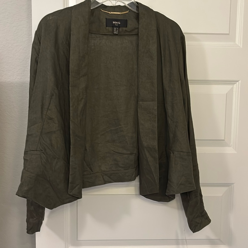 Mango olive green open front blazer SZ L 100% Linen jacket work wear casual NWT